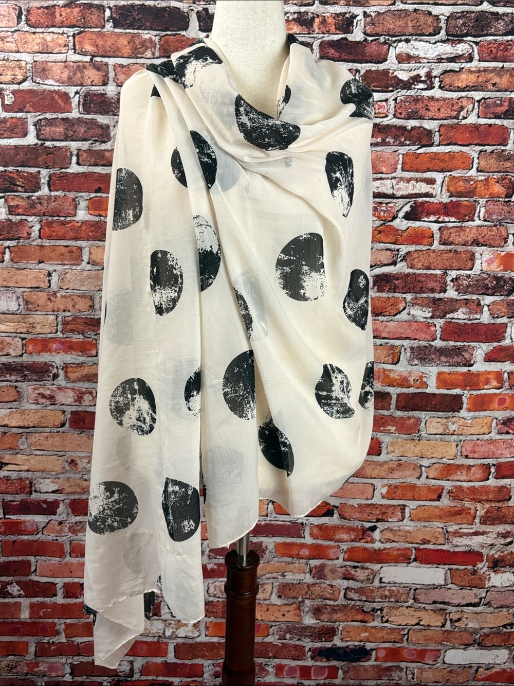 H&M Lightweight Cream Scarf with Black Polka Dot Print 74”x35”